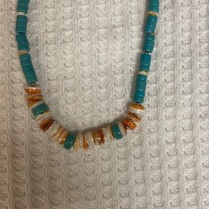 Native American spiny oyster shell and block turquoise heishi necklace